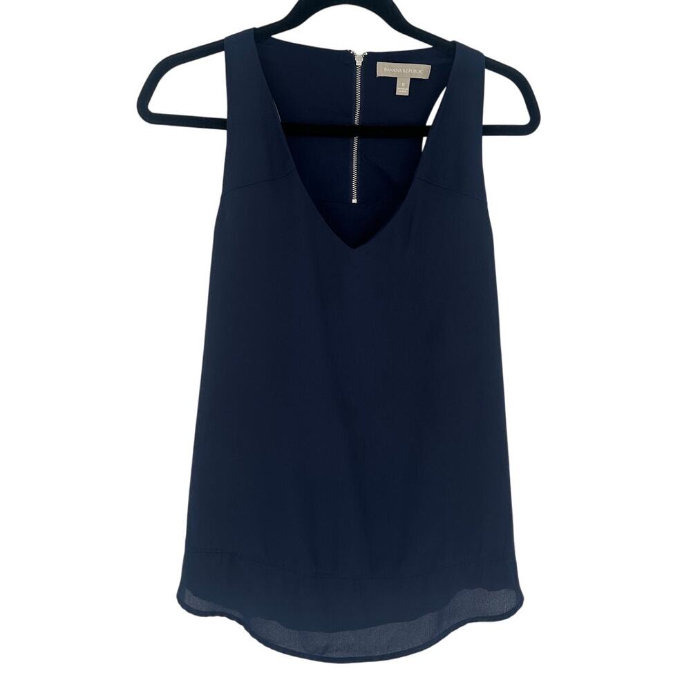 Banana Republic Dark Blue Sleeveless Blouse Crew Neck Exposed Back Zipper Small